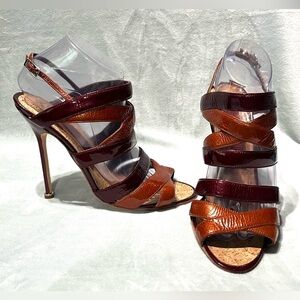 Manolo Blahnik x Birkenstock Patent Leather Burgundy Topaz Strappy Heels Sandals